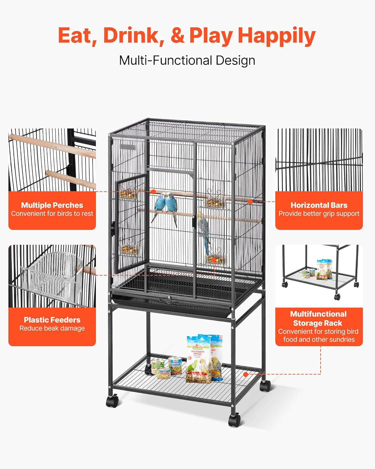 Bird Cage, 24.6 X 16.7 X 53.9 Inch, Flat Top, Wrought Iron Bird Flight Cage with Perches, Slide-Out Tray and Plastic Feeders, Casters, for Parrot, Blue Tit, Cockatiel, Canary, Budgerigar, Conure