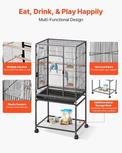 Bird Cage, 24.6 X 16.7 X 53.9 Inch, Flat Top, Wrought Iron Bird Flight Cage with Perches, Slide-Out Tray and Plastic Feeders, Casters, for Parrot, Blue Tit, Cockatiel, Canary, Budgerigar, Conure