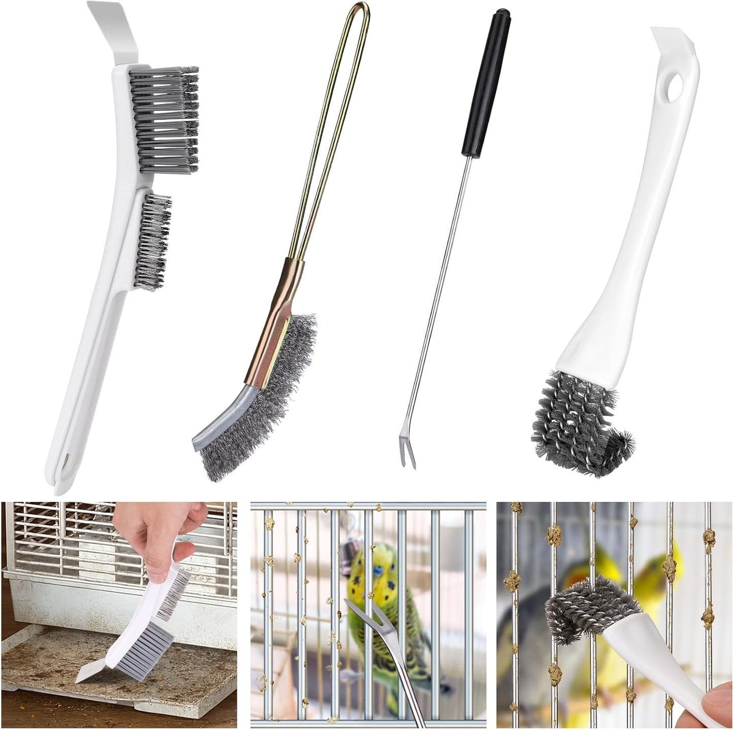 Bird Cage Cleaner Brush Kit,Bird Poop Remover Cleaning Tools Set Accessories for Small,Medium,Large,Tall,Stainless Steel,Parakeet,Budgie,African Grey Parrot,Cockatoo Birds Cage Accessories