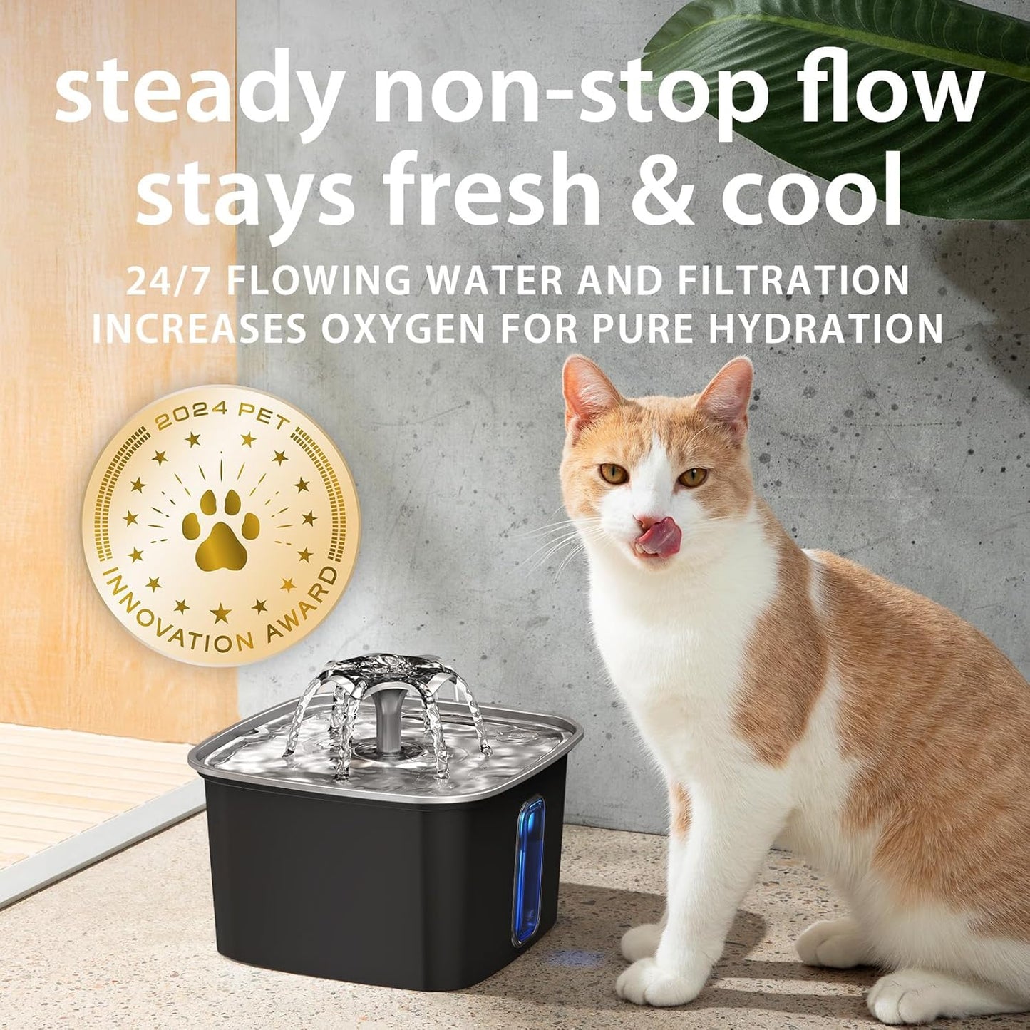 Innovation Award Winner Stainless Steel Cat Water Fountain, 108Oz/3.2L Automatic Pet Fountain Dog Water Dispenser with Replacement Filters & Silicone Mat for Cats, Dogs (Space Black)