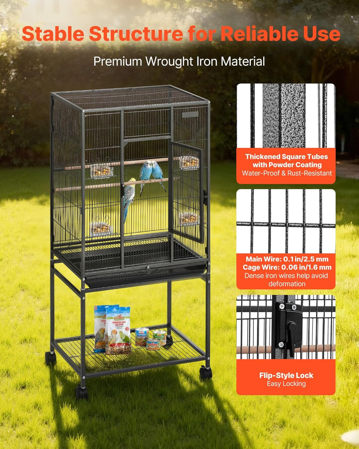 Bird Cage, 24.6 X 16.7 X 53.9 Inch, Flat Top, Wrought Iron Bird Flight Cage with Perches, Slide-Out Tray and Plastic Feeders, Casters, for Parrot, Blue Tit, Cockatiel, Canary, Budgerigar, Conure