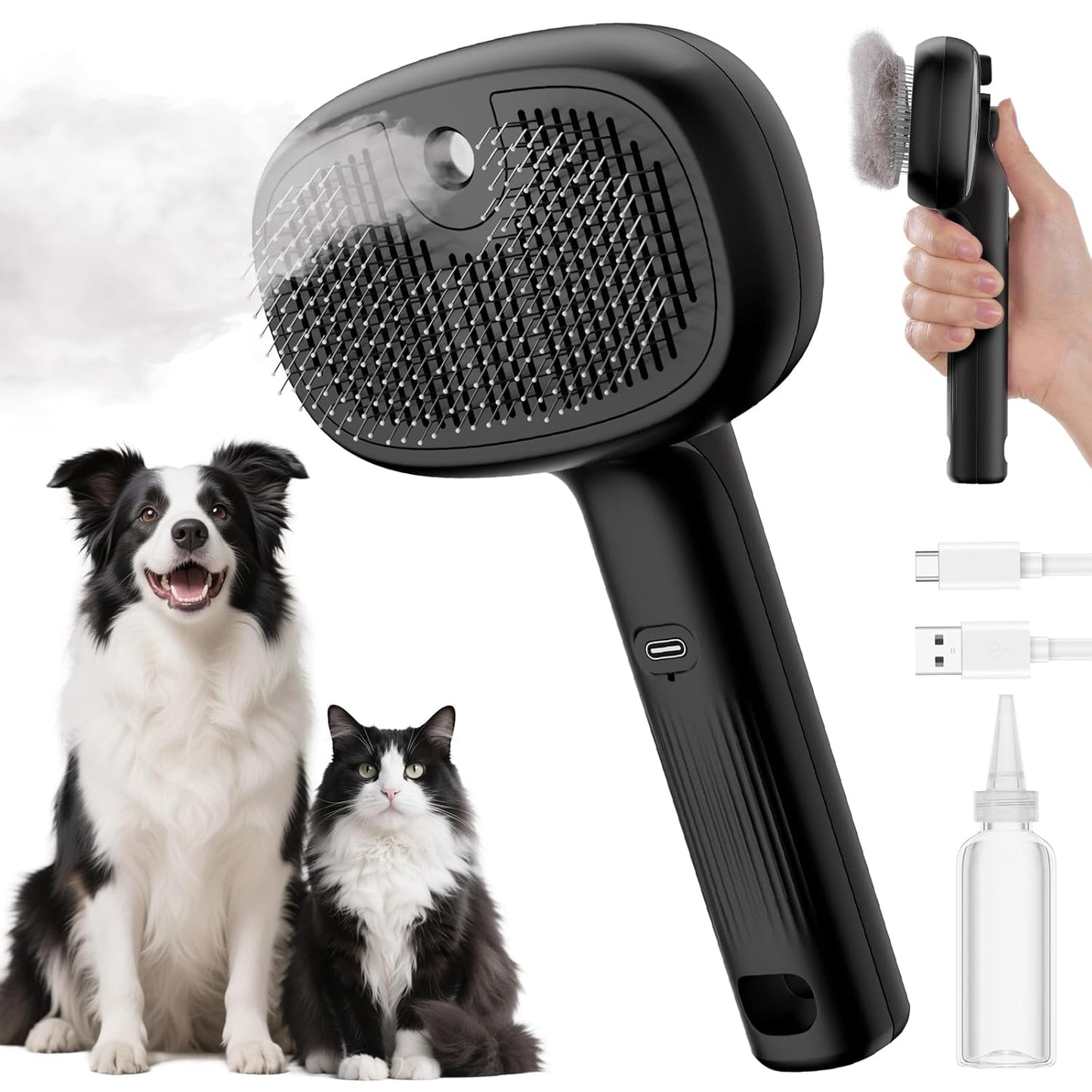 Self-Cleaning Steam Dog Cat Brush for Heavy Shedding/Long Coats | Gentle, Undercoat Removal & Smoothing, Shedding Control, for Water-Anxious Pets, 2 Cool Mist Modes, XL Tank, 240-Min Runtime