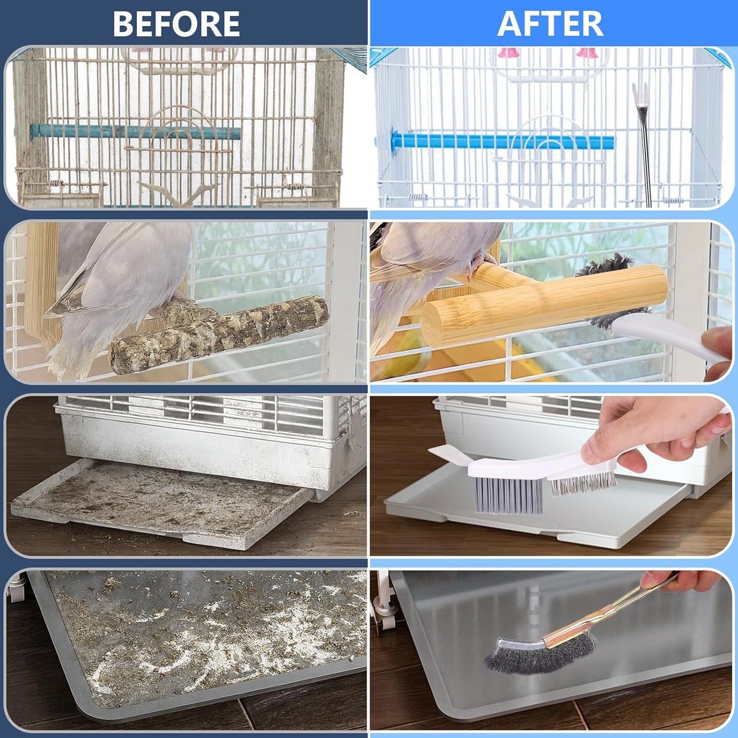 Bird Cage Cleaner Brush Kit,Bird Poop Remover Cleaning Tools Set Accessories for Small,Medium,Large,Tall,Stainless Steel,Parakeet,Budgie,African Grey Parrot,Cockatoo Birds Cage Accessories