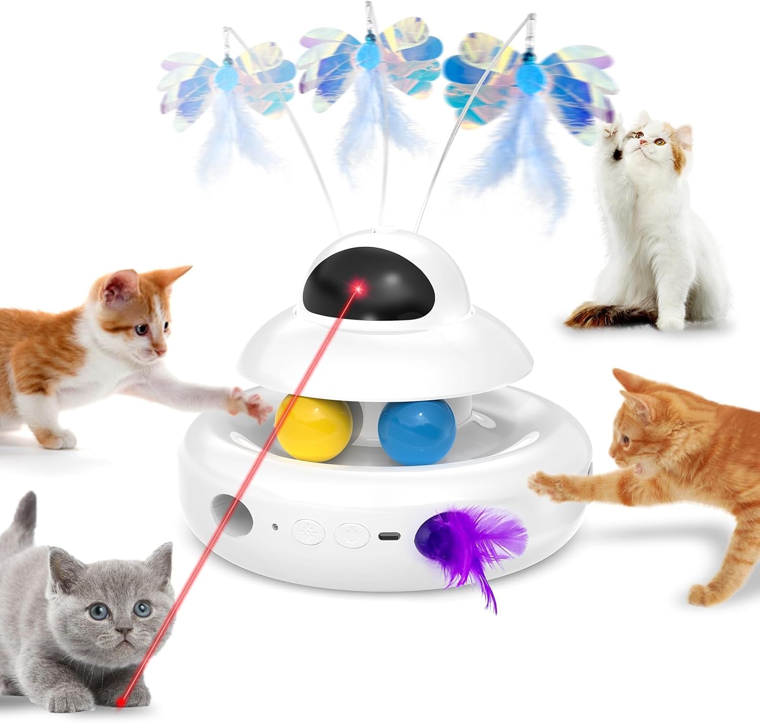 Cat Toys，4-In-1 Interactive Cat Toy for Indoor Cats with Laser, Fluttering Butterfly, Moving Feather and Track Balls - USB Rechargeable Self-Play Kitten Toy (White)