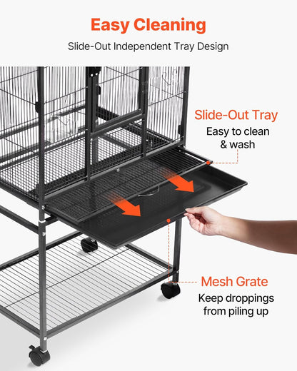 Bird Cage, 24.6 X 16.7 X 53.9 Inch, Flat Top, Wrought Iron Bird Flight Cage with Perches, Slide-Out Tray and Plastic Feeders, Casters, for Parrot, Blue Tit, Cockatiel, Canary, Budgerigar, Conure