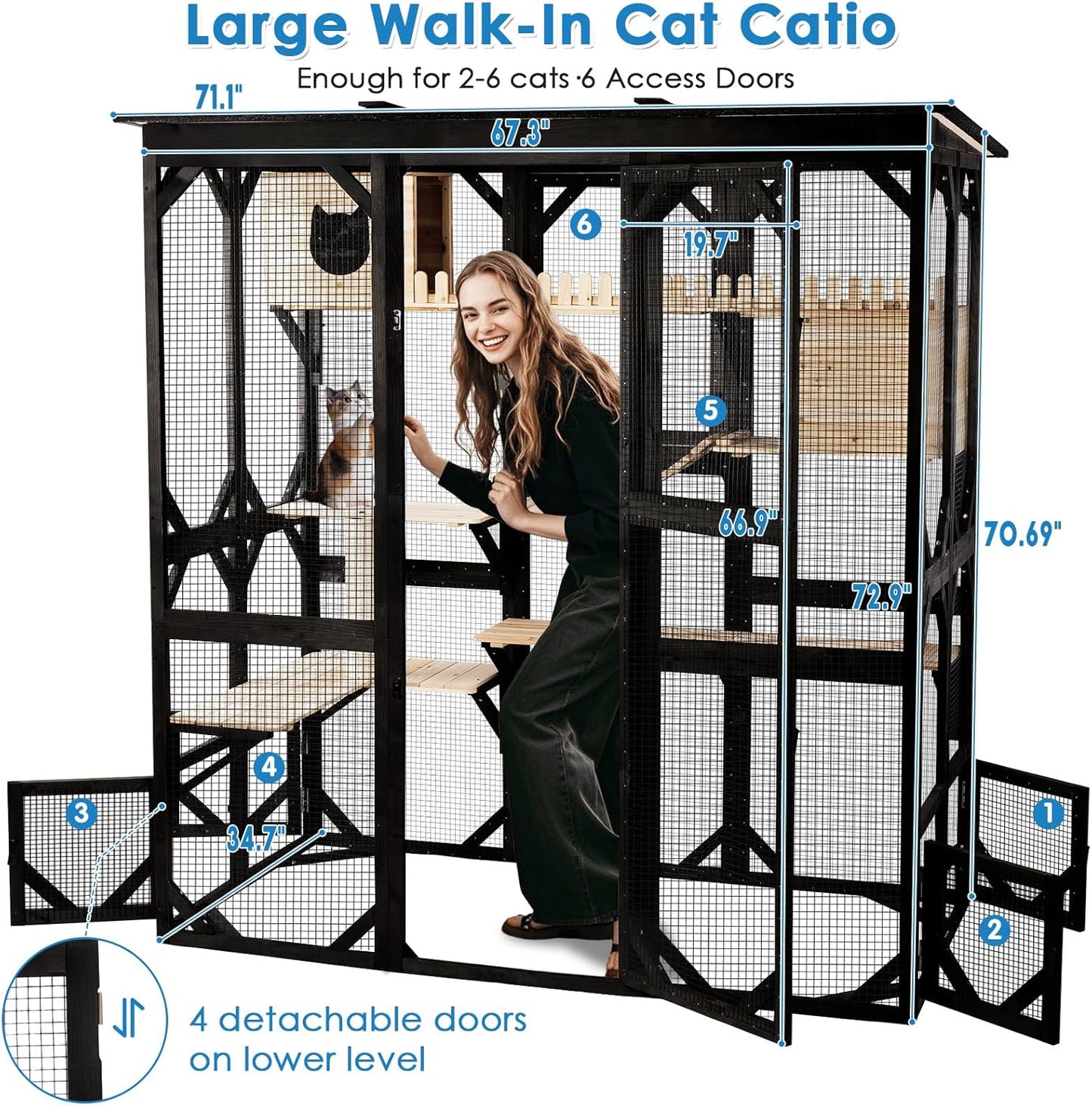 71.1" L Large Cat Catio Outdoor Cat Enclosure Window Acess, Walk-In Cat Cage Cat House for Multiple Indoor Outdoor Cats, outside Patio 6 Doors Weatherproof Roof