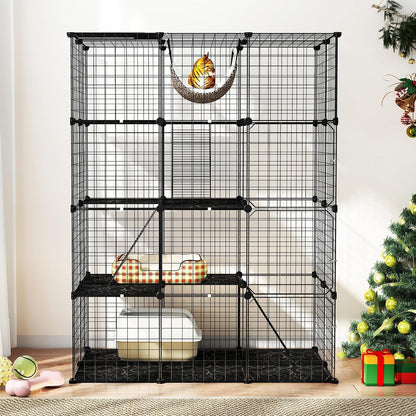 Cat Cages Indoor, 56" Large 4-Tier Cat Enclosure with Skylight, Hammock, 3 Ladders, Detachable Metal Wire Kennel with 4 Lockable Doors, DIY Cat Crate & Pet Playpen Catio for 1-4 Cats