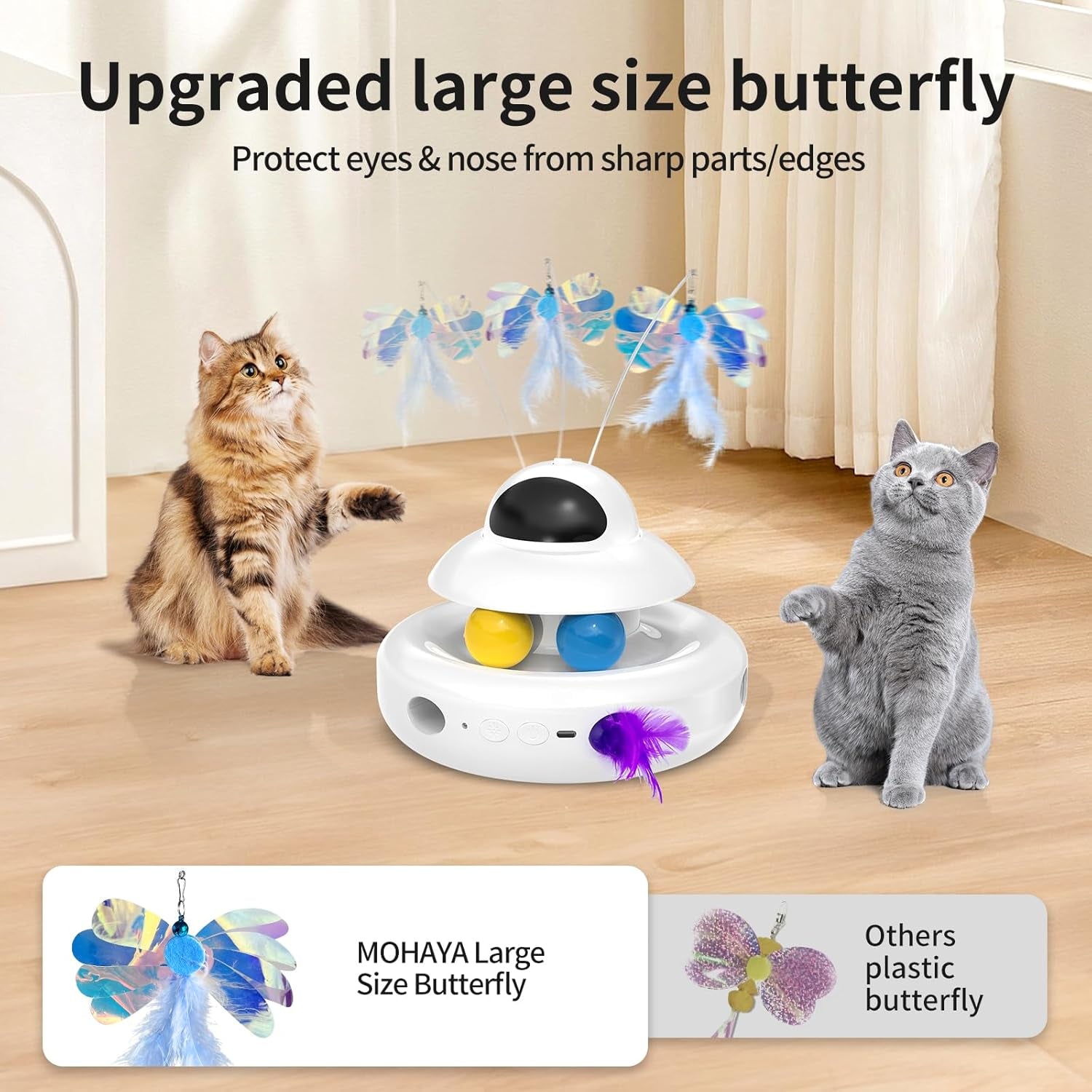 Cat Toys，4-In-1 Interactive Cat Toy for Indoor Cats with Laser, Fluttering Butterfly, Moving Feather and Track Balls - USB Rechargeable Self-Play Kitten Toy (White)