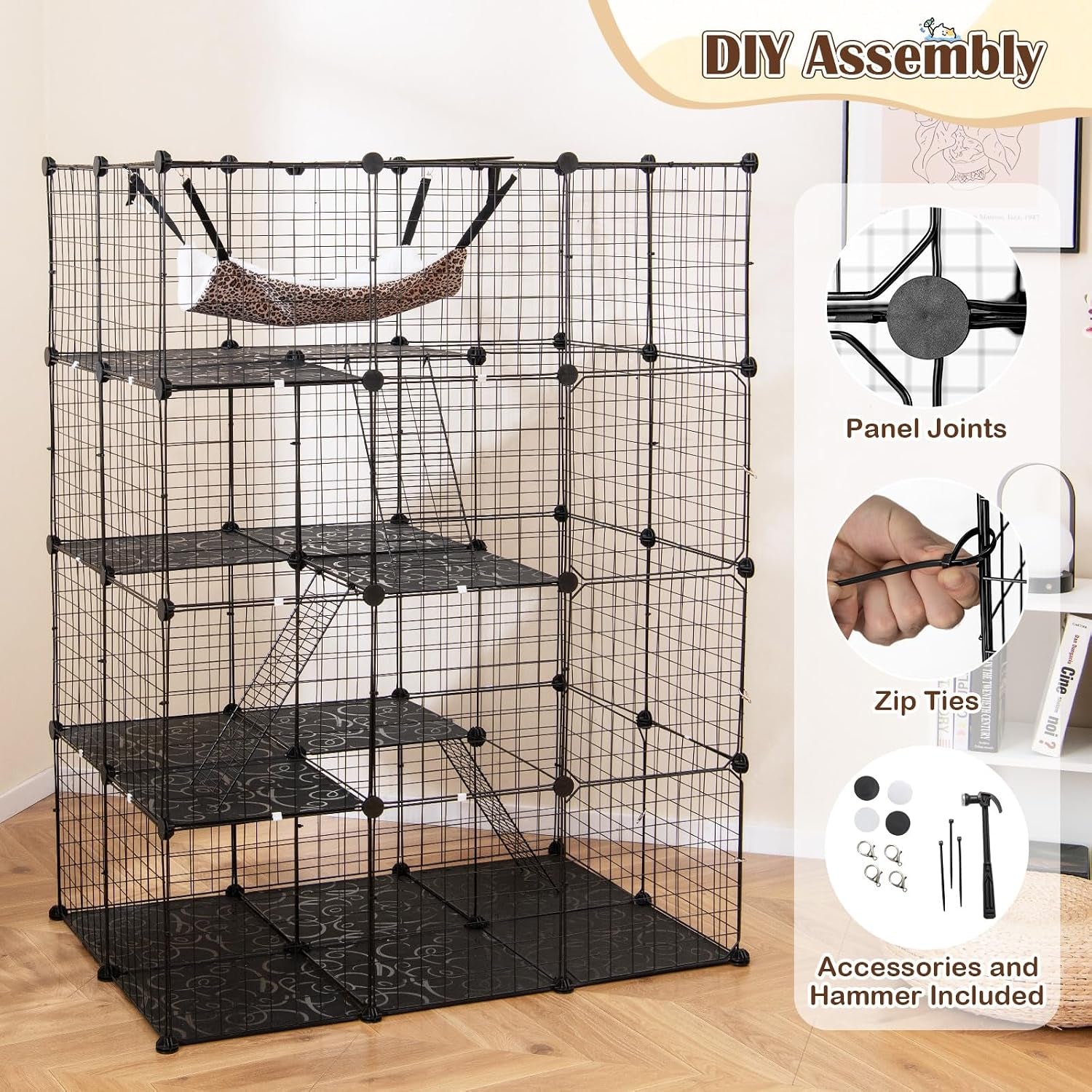 Cat Cages Indoor, 56" Large 4-Tier Cat Enclosure with Skylight, Hammock, 3 Ladders, Detachable Metal Wire Kennel with 4 Lockable Doors, DIY Cat Crate & Pet Playpen Catio for 1-4 Cats