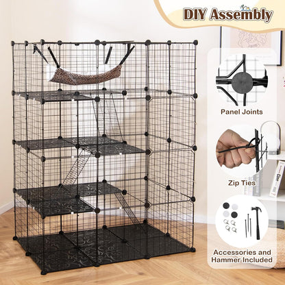 Cat Cages Indoor, 56" Large 4-Tier Cat Enclosure with Skylight, Hammock, 3 Ladders, Detachable Metal Wire Kennel with 4 Lockable Doors, DIY Cat Crate & Pet Playpen Catio for 1-4 Cats