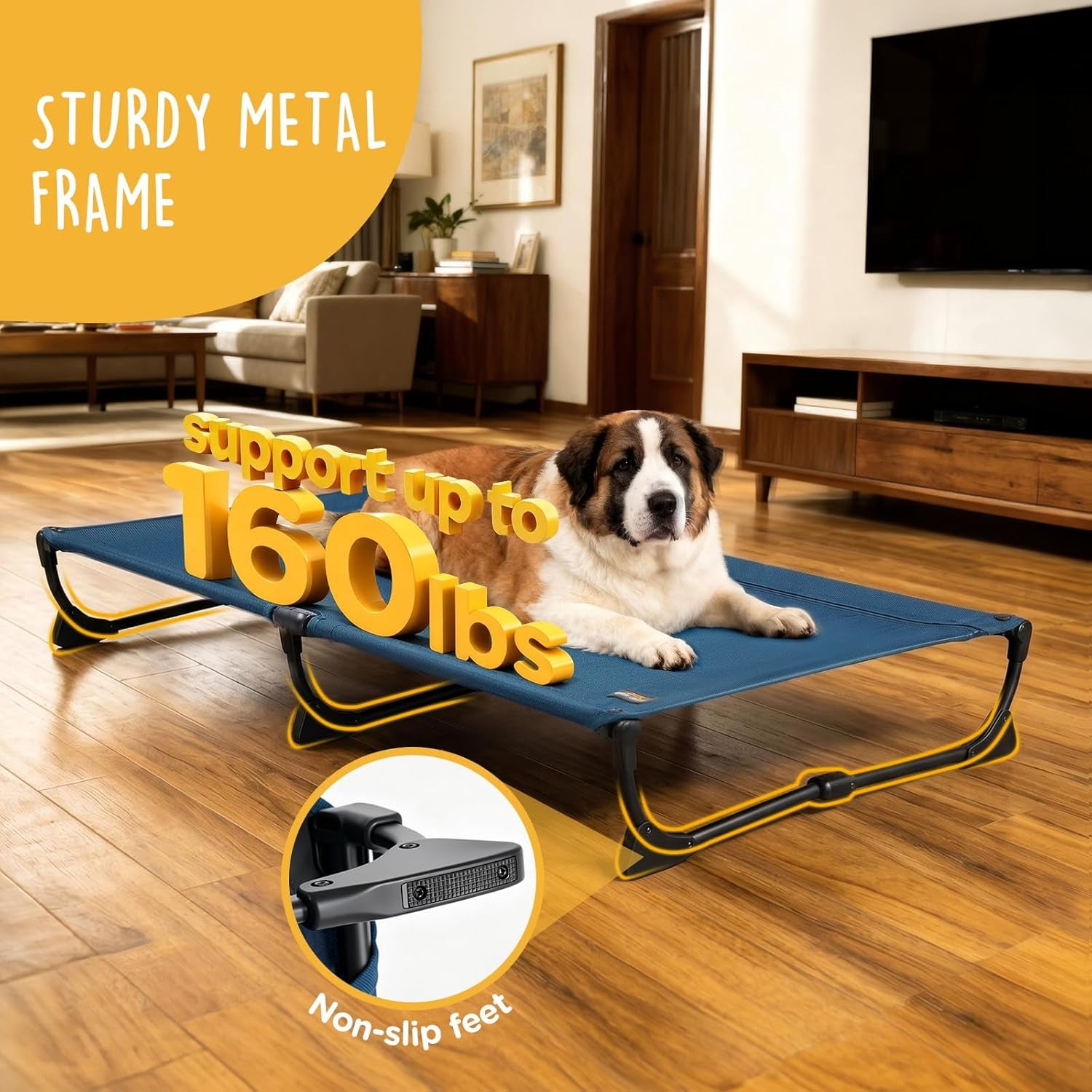 Folding Raised Dog Cot, Large Outdoor Elevated Dog Bed with Upgraded Non-Slip Feet, Cooling Chew Proof Portable Heavy Duty Pet Cot up to 160 Lbs for Camping/Home, Dark Blue, 43"X27"