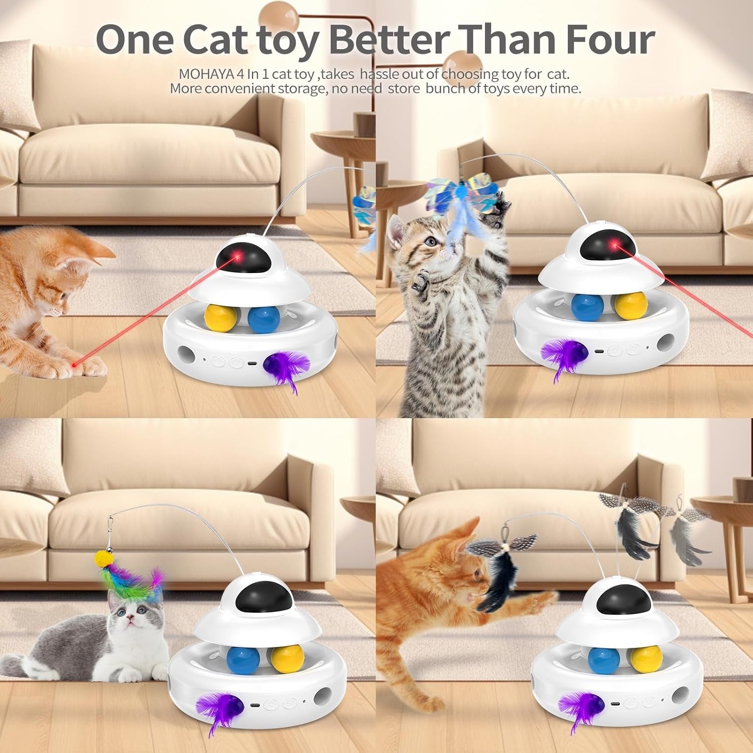 Cat Toys，4-In-1 Interactive Cat Toy for Indoor Cats with Laser, Fluttering Butterfly, Moving Feather and Track Balls - USB Rechargeable Self-Play Kitten Toy (White)