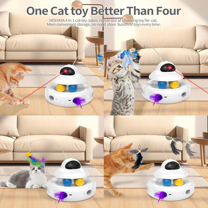 Cat Toys，4-In-1 Interactive Cat Toy for Indoor Cats with Laser, Fluttering Butterfly, Moving Feather and Track Balls - USB Rechargeable Self-Play Kitten Toy (White)