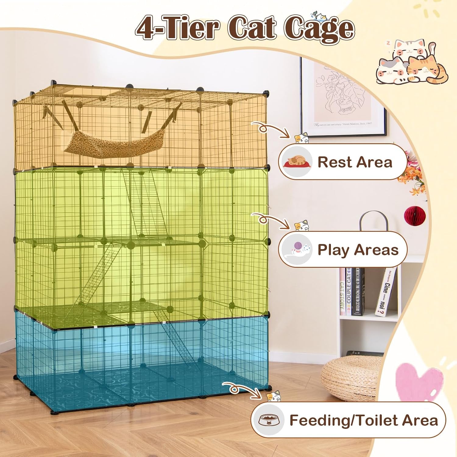 Cat Cages Indoor, 56" Large 4-Tier Cat Enclosure with Skylight, Hammock, 3 Ladders, Detachable Metal Wire Kennel with 4 Lockable Doors, DIY Cat Crate & Pet Playpen Catio for 1-4 Cats
