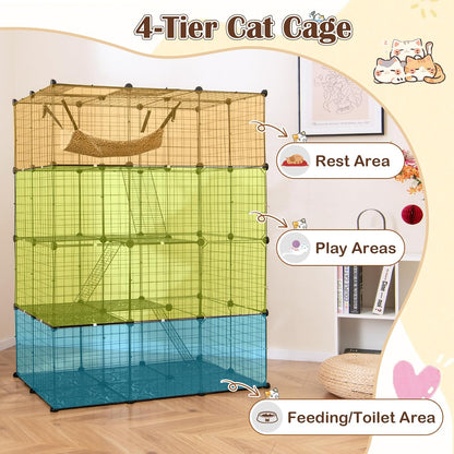 Cat Cages Indoor, 56" Large 4-Tier Cat Enclosure with Skylight, Hammock, 3 Ladders, Detachable Metal Wire Kennel with 4 Lockable Doors, DIY Cat Crate & Pet Playpen Catio for 1-4 Cats