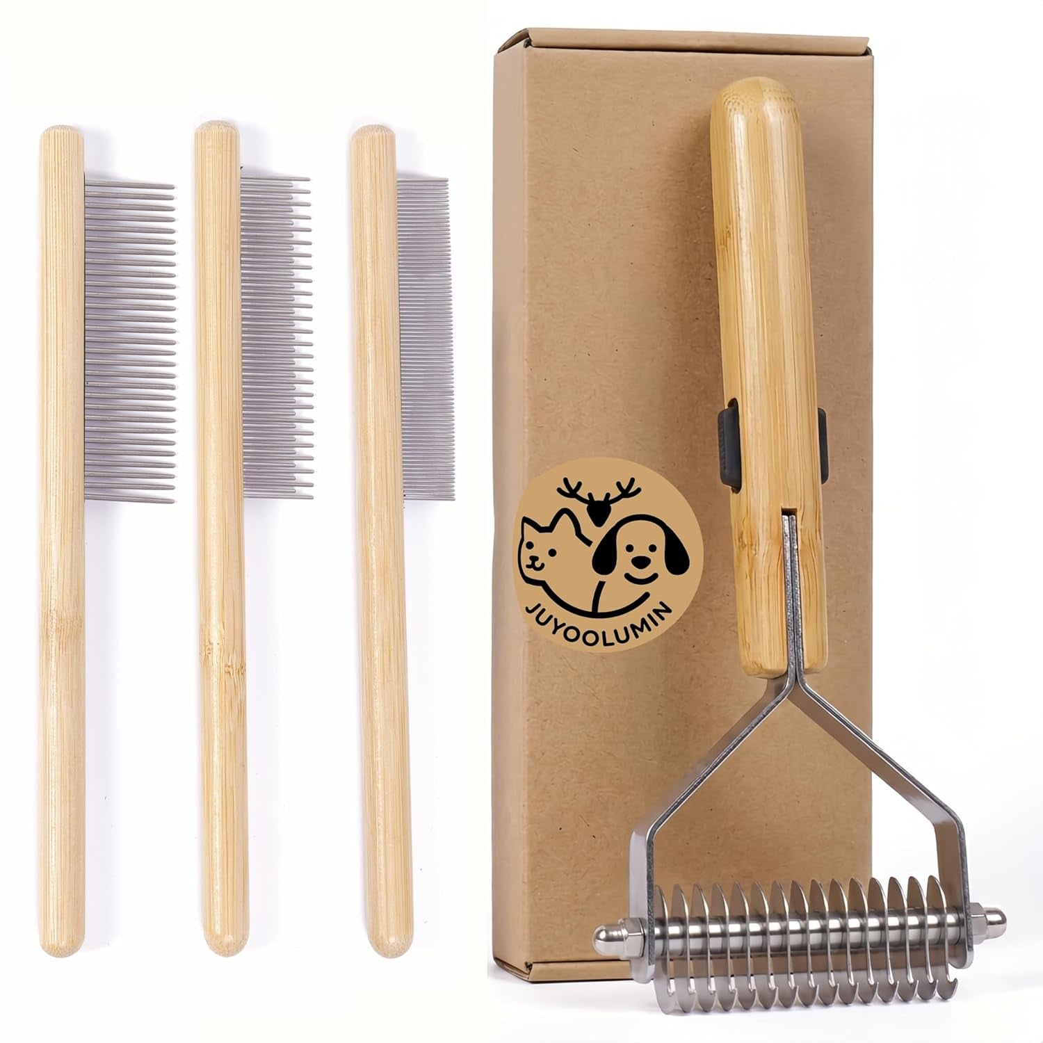 Cat Undercoat Rake and Dematting Comb, 4-In-1 Bamboo Grooming Kit for Long Haired Indoor Cats, Detangling Deshedding Brush for Matted Fur, Shedding Tool for Dogs