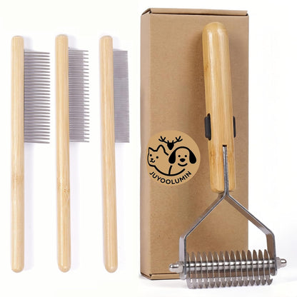 Cat Undercoat Rake and Dematting Comb, 4-In-1 Bamboo Grooming Kit for Long Haired Indoor Cats, Detangling Deshedding Brush for Matted Fur, Shedding Tool for Dogs