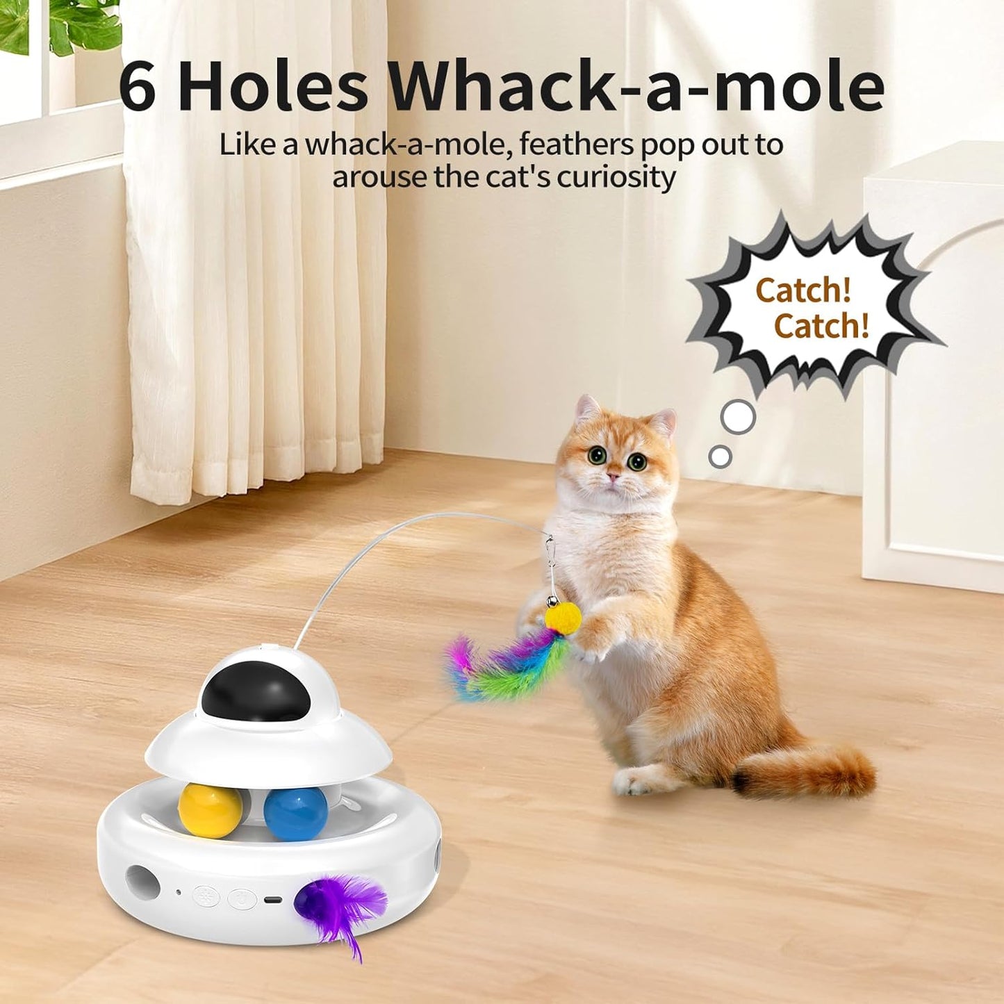 Cat Toys，4-In-1 Interactive Cat Toy for Indoor Cats with Laser, Fluttering Butterfly, Moving Feather and Track Balls - USB Rechargeable Self-Play Kitten Toy (White)