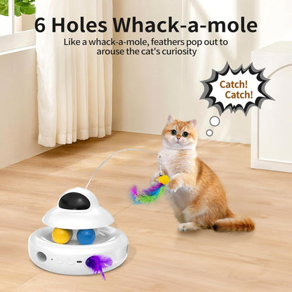 Cat Toys，4-In-1 Interactive Cat Toy for Indoor Cats with Laser, Fluttering Butterfly, Moving Feather and Track Balls - USB Rechargeable Self-Play Kitten Toy (White)