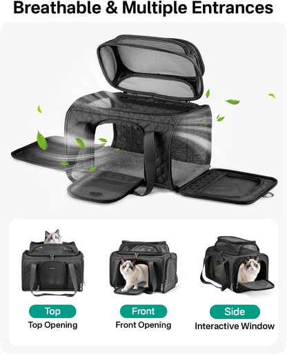 Cat Carrier Airline Approved 17X11X9.5 Inches, Top Expandable Soft Sided Pet Travel Carrier for Cats & Small Dogs, Fits under Airline Seat with Locking Zippers, Black