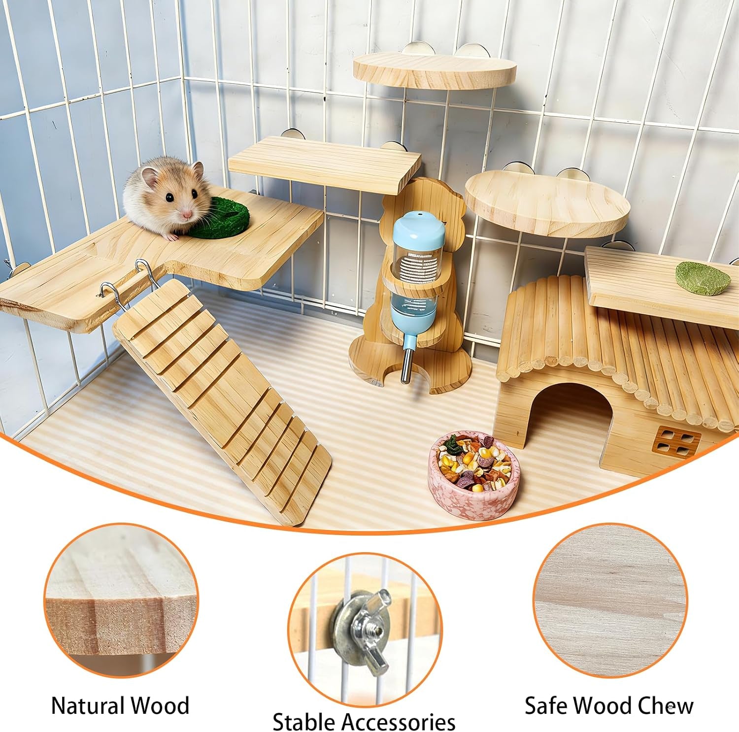 Hamster Cage Platform L-Shaped Wooden Hamster Cage Accessories Rat Climbing Toys Ledge with Ladder for Sugar Glider Mice Mouse Squirrel (M)