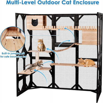 71.1" L Large Cat Catio Outdoor Cat Enclosure Window Acess, Walk-In Cat Cage Cat House for Multiple Indoor Outdoor Cats, outside Patio 6 Doors Weatherproof Roof