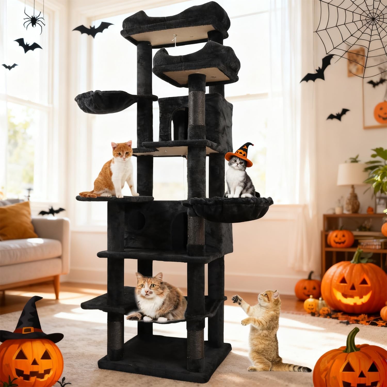 68 Inches Multi-Level Large and Tall Cat Tree Tower for Indoor Cats/Removable Pad/Cat Condo/Sisal Scratching Posts/Hammock/Cat Activity Center/Wide Base Black