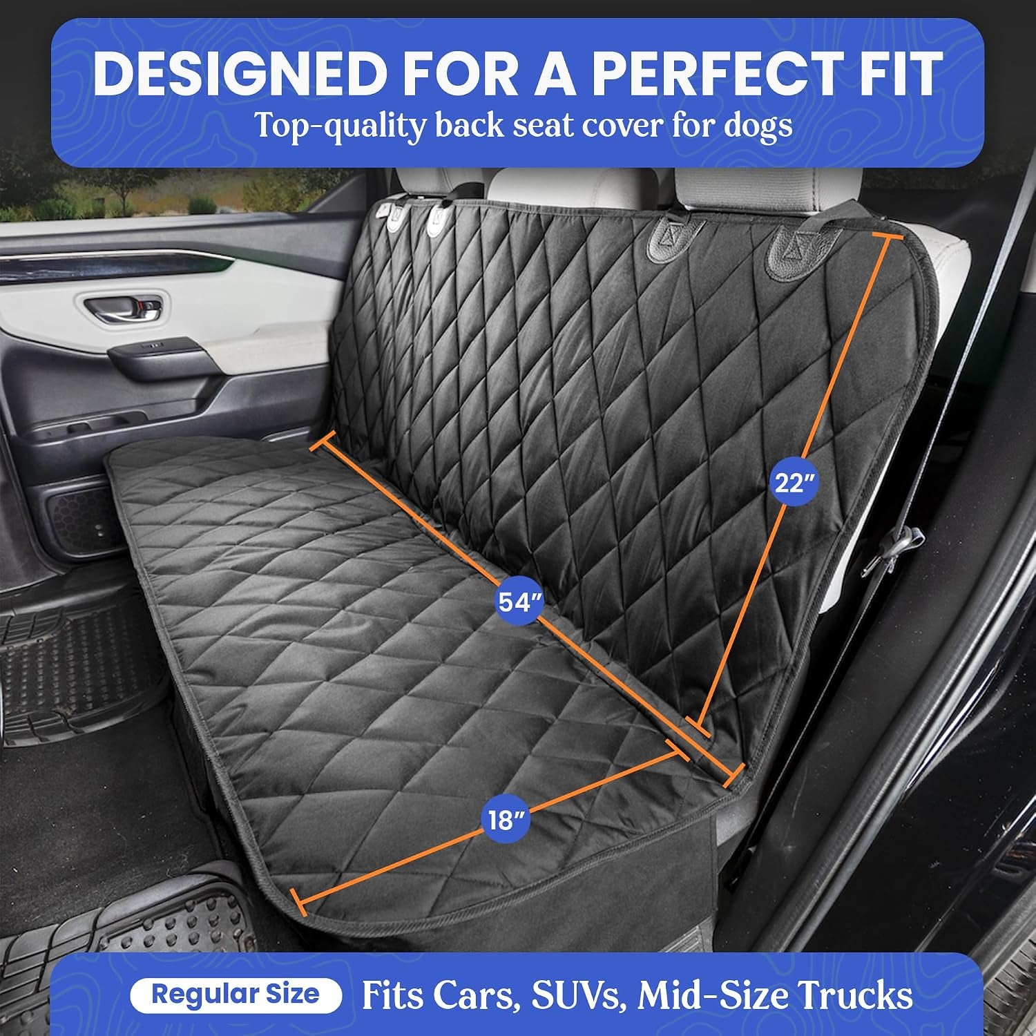 Back Seat Pet Cover for Dogs W/O Hammock – 54" Wide, Waterproof Car Seat Cover, Non-Slip, Heavy-Duty – Fits Cars, Suvs, Small Trucks – 2 Seat Belt & Latch Access – Back Seat Protector (Black)