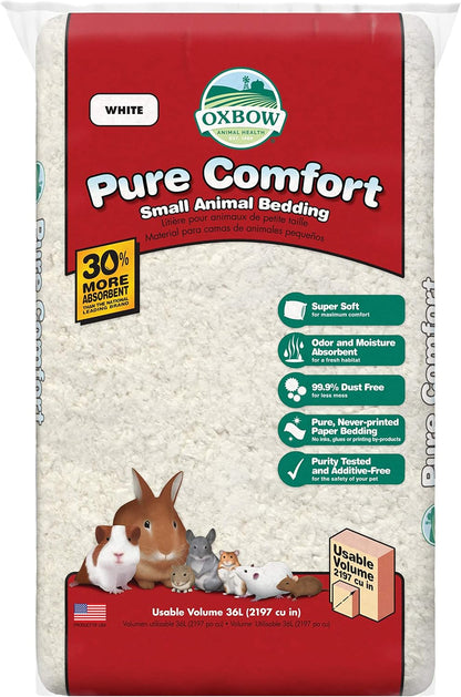 Pure Comfort Small Animal Bedding, Odor & Moisture Absorbent Litter for Bunny Litter Box, Low Dust Bedding for Guinea Pig Cage, White Paper, 36 Liter Bag