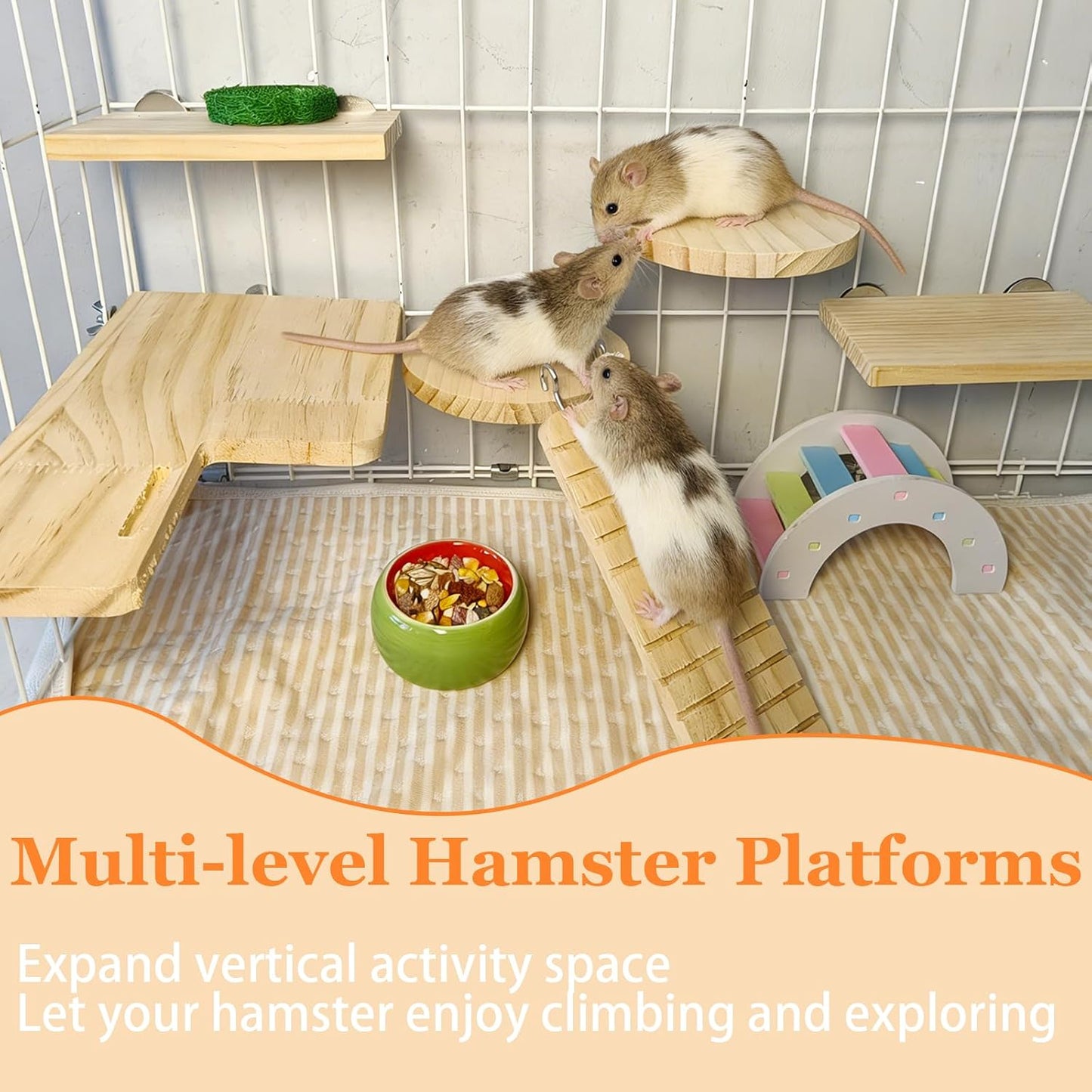 Hamster Cage Platform L-Shaped Wooden Hamster Cage Accessories Rat Climbing Toys Ledge with Ladder for Sugar Glider Mice Mouse Squirrel (M)