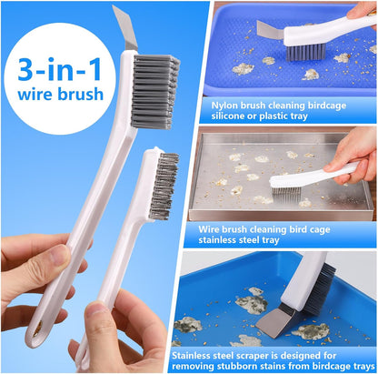 Bird Cage Cleaner Brush Kit,Bird Poop Remover Cleaning Tools Set Accessories for Small,Medium,Large,Tall,Stainless Steel,Parakeet,Budgie,African Grey Parrot,Cockatoo Birds Cage Accessories